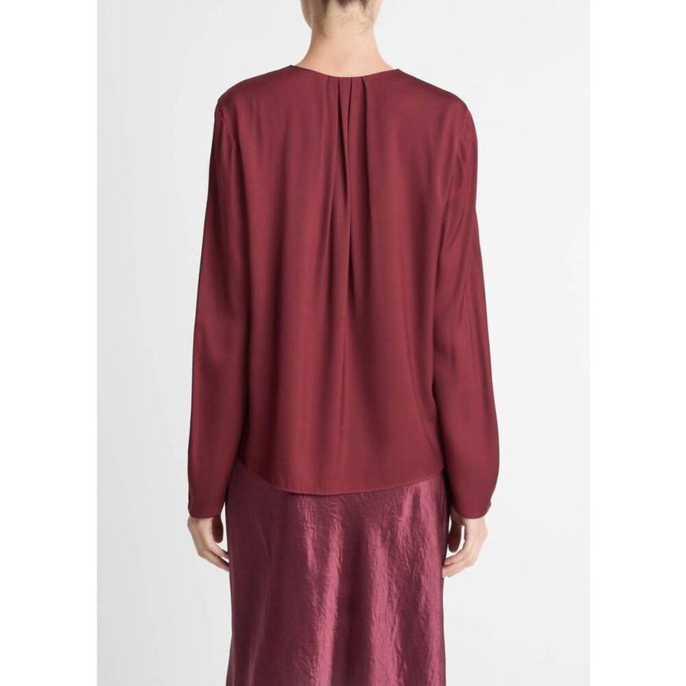 Vince Silk Blend Pleated Neck Blouse in Bordeaux L - Picture 3 of 4